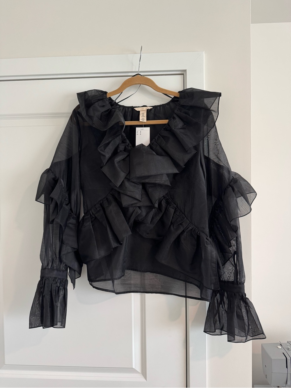 H&M Black Sheer Flounce-Trimmed Ruffle Blouse